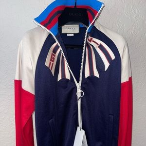 Gucci Guccify Yourself Bow-appliqué Zip-through Jersey Track Top In 4353 Blue